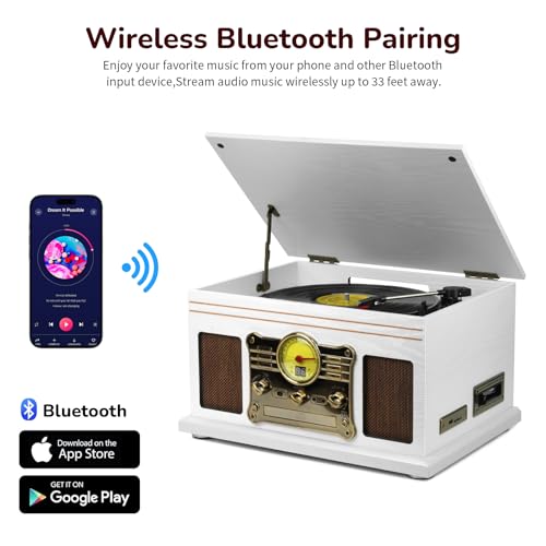 Image of FEKTIK Bluetooth Record Player 10 in 1,FEKTIK 3-Speed Turntable for Vinyl with Speakers, LP to MP3 Converter, CD, Cassette Player, FM Radio, Wireless Streaming | White
