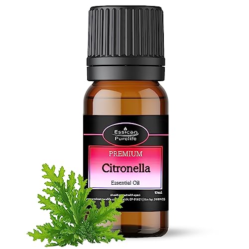 Essican Purelife Citronella Essential Oils 10ml - 100% Pure Essential Oil Citronella for Home Fragrance Candle Making Body Oils Garden Burners Aromatherapy & Humidifiers in Glass Bottle