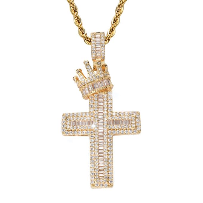 Stainless Steel 24inches Twist Rope Chain 18K Gold Plated Cross Pendant Necklace for Men Women,5A Cubic Zirconia Iced Out, Luxury Gift for Couple or Bestie