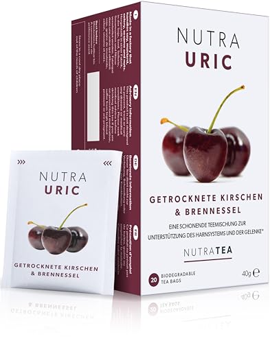 Nutra Tea NUTRAURIC Blasen und Nierentee, Brennnesseltee fördert Entwässerung, trägt zur Gesundheit der Gelenke bei, 60 wiederverwendbare Teebeutel, Kräutertee mit Kirschen & Brennnessel