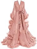 Molisa Womens Sexy Feather Bridal Robe Long Wedding Scarf Illusion Bathrobe Sleepwear Lingerie Robe Nightgown Dusty rose L/XL