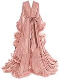 Molisa Womens Sexy Feather Bridal Robe Long Wedding Scarf Illusion Bathrobe Sleepwear Lingerie Robe Nightgown Dusty rose S/M