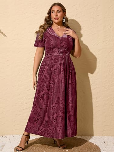 Image of Simplee Women's V Neck Velvet Maxi Dress Short Sleeve Empire Waist Long Formal Dress for Wedding Guest