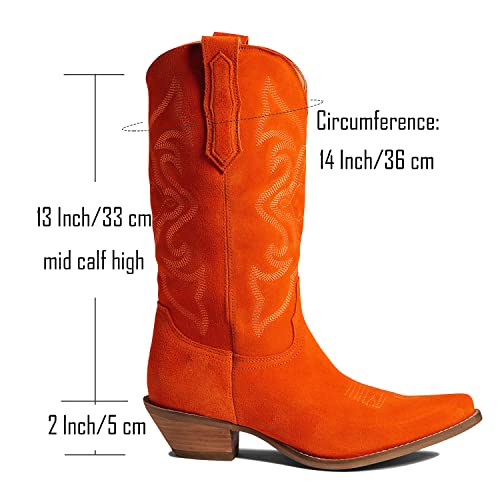 Image of LEHOOR Cowboy Boots Women Embroidered Mid Calf Western Boots Stacked Low Heel Pointed Toe Pull On Cowgirl Boot 4-11 M US