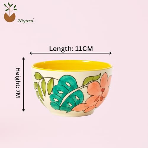 Image of Niyara Stoneware Handmade Ceramic Stylish Premium Serving Bowls /Salad Tray Microwave Dishwasher Safe (Yellow Floral Bowl)
