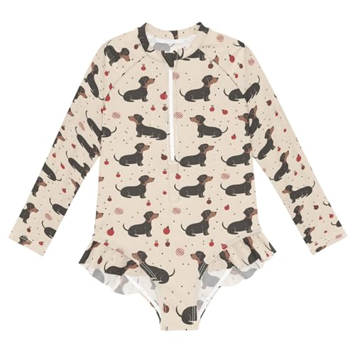 Dachshund Dog Girls Long Sleeve Swimsuit Rash Guard One Piece Bathing Suits Zipper 3-12T