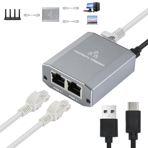 ELUTENG Ethernet Splitter 1 to 2, 1000Mbps High Speed Gigabit Network Switch with USB-C Power Cable, 2 Port LAN Internet Splitter for PC Laptop PS5 Xbox Router TV, 2 Devices Simultaneously Networking