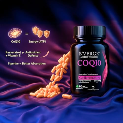 Image of B'Verge COQ10 supplement (Ubiquinone 99%) 200mg with Resveratrol + Piperine 95% | Superior Absorption, Supplement for Heart Health and Energy Metabolism (60 count (Pack of 1), COQ10-60 caps)