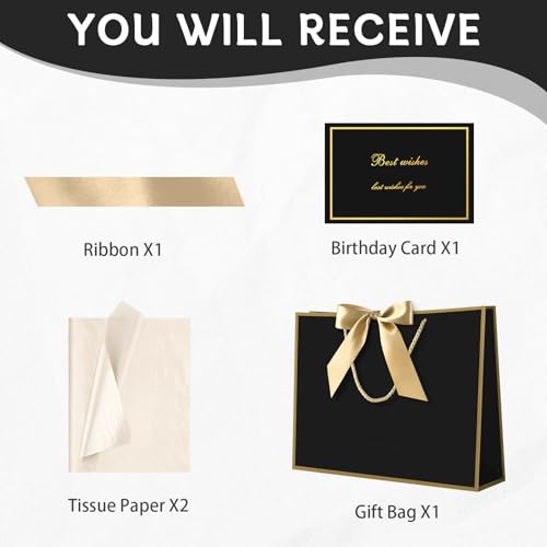 Image of JMANNI Gift Bags with Handles, 14.6 inch Large Gift Bags with Tissue Paper | 1 Pcs Black Gold Bags, 2 Tissue Paper and 1 Cards, for Baby Shower, Wedding Bridal Shower, Birthday Party