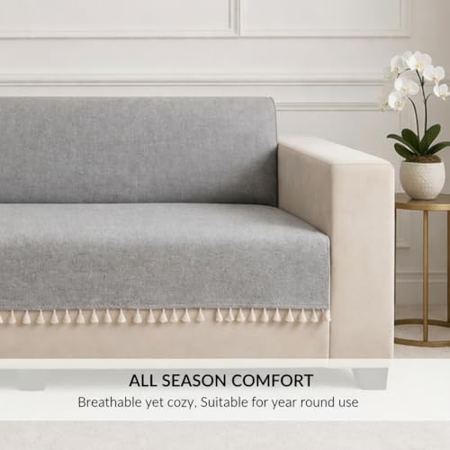 Image of STITCHNEST Jute Sofa Cover - Grey, 70x60 Inch | Soft Textured Fabric with Tassel| Full Coverage Sofa for Living Room Decor