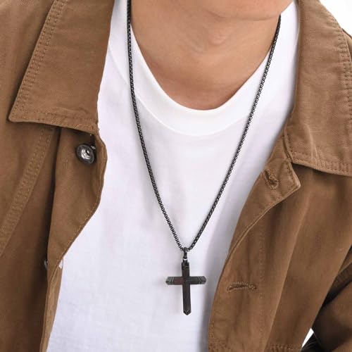 Wooden Cross Bible Verse Necklace for Men, Hawaiian Handmade Real Black Ebony Wood Cross Pendant Stainless Steel Chain, Mens Cross Necklaces Koa Wood Jewelry Christian Baptism Easter Gifts2