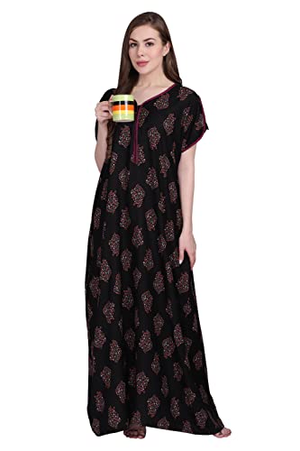 Image of Women's Alpine Botanical Leaves Print Maxi Nightgown with Pocket