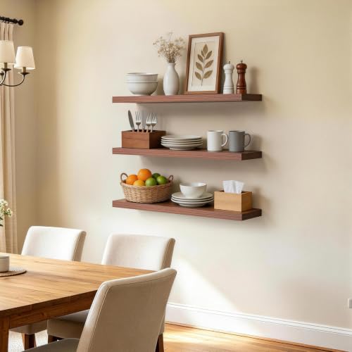 Image of BAYKA Walnut-Like Floating Shelves 22.5in, 3Pack, Wall Mounted Wall Decor | Easy Install, 22lbs Max Load, Hidden Bracket, Shelf for Bathroom Bedroom Kitchen Books Display Storage, Multi-Wall Compatible