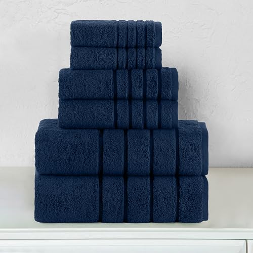 Image of Elegant Comfort 4 Lines Viscose Stripe 6-Piece Towel Set 100% Turkish Cotton High Absorbent Luxury Bathroom Towels Includes 2 Washcloths, 2 Hand and 2 Bath Towels Set, Navy Blue (Pack of 4)