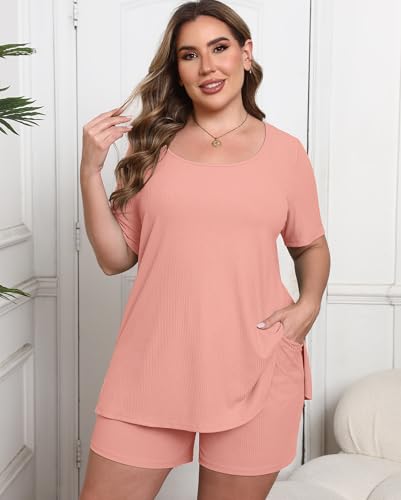 Image of Womens Plus Size Pajama Sets 2 Piece Summer Outfits Short Sleeve Tops Shorts with Pockets for Lounge Sleepwear