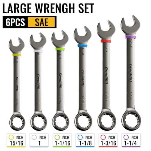 Image of GRENPRO 15 /16 inch-1-1 /4 inch Large SAE Wrench Set, Combination Open End Wrench Set | Color Rings, Roll Up Pouch, Nickel Rust-Proof Coating, CRV Steel, Free Gauge for Quick Size Matching