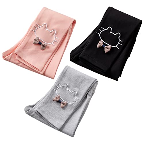 Amropi Kids Girls Leggings 3 Pack Stretch Pants Cat Pattern Full Length Tights Pink Black L-Grey cover