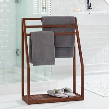 Wooden Towel Rack Holder for Home Tier Freestanding Beach Towel Bar Wood Towel Stand with Bottom Storage Shelf for Hand Towel, Wash Clothes, Bathroom, Corners T5