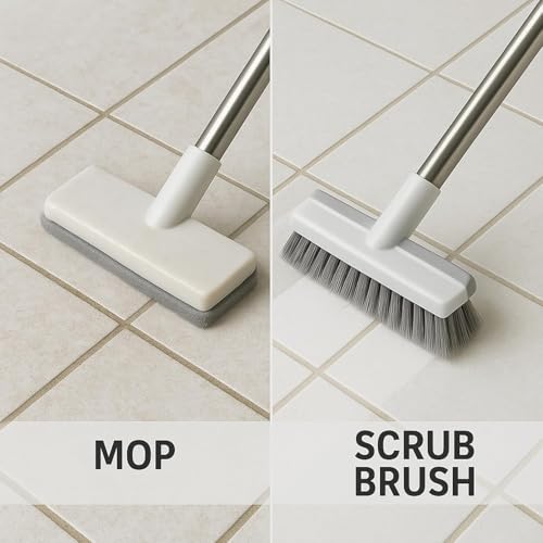 Image of 2 in 1 Bathroom Cleaning Brush with Wiper, BUYERZONE Long Handle Floor Scrubber Brush with Water Wiper Blade, Heavy Duty Tile & Floor Cleaning Brush, Multipurpose Bathroom Kitchen Floor Cleaner Tool