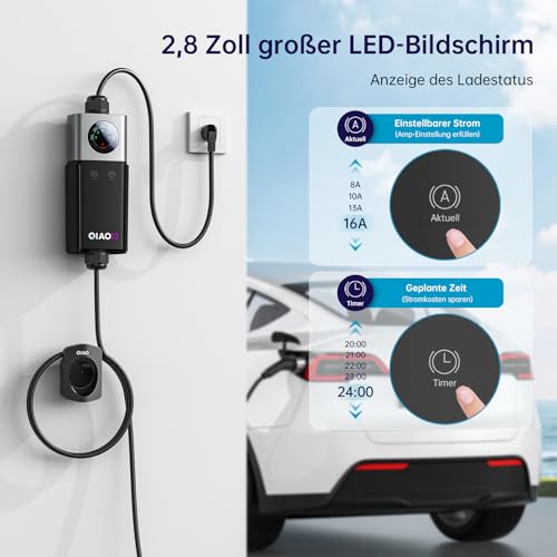 QIAO Typ 2 Ladekabel Schuko 3,68kW 6,5M, 1-phasig 8-16A, Tragbare EV Ladestation mit LED-Anzeigen, Aufbewahrungstasche, Kabelhalter, Halterung, 16A Mobile Wallbox für den Heimgebrauch im Freien