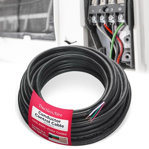 DuctlessAire 4 Conductor Control Cable - 14/4 AWG - Color Coded with Black Jacket Stranded PVC Cable - UL Listed Electrical Wire for Mini Split Air Conditioner, HVAC, Heater, Water Pump & More (25ft)