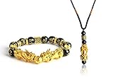 BEAUTEVER Feng Shui Amulet Bracelet Necklace Pi Xiu Pi Yao Black Beads Obsidian Friendship Charm Bracelet Necklace Adjustable Wax Rope for Men Women (Amulet Set Golden)