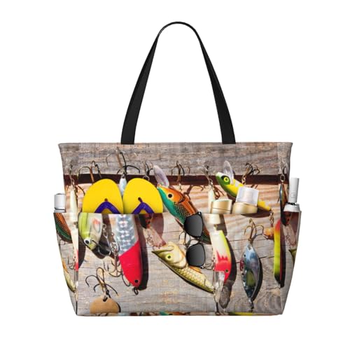 Sac fourre-tout imprimé leurre de pêche grand sac à main cabas noir de travail