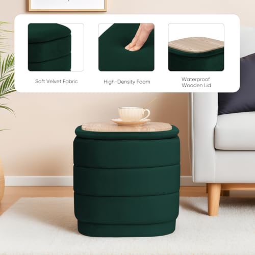 Image of 15 inch Velvet Storage Ottoman with Tray, Foldable Square Ottoman Footrest with Reversible Wood Lid, Collapsible Storage Footstool for Bedroom, Living Room, Dorm, Bottle Green