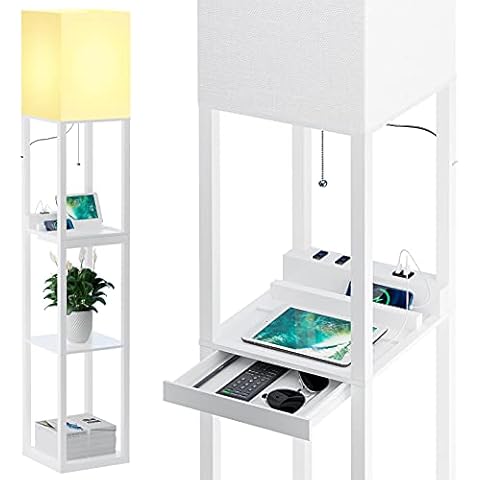 SUNMORY Dimmable Floor Lamp with Shelves,Modern Solid Wood Standing Lamp with 1 Drawer and 2 USB Ports & 2 Power Outlet,Corner Tall Bookshelf Lamp for Living Room and Bedroom(White) Cover
