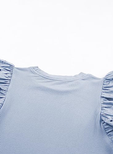 Blibean Girl Summer Tops Tween Girls Ruffle Sleeve Blouse Solid Color Casual Shirts Cute Clothes Preteen Kid Dressy Clothing Size 10-11 Years Old Light Blue #TOP5