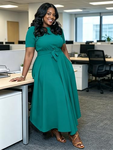 Image of Hostoyo Women Plus Size Formal A Line Maxi Dress Self Tie Waist with Pockets Elegant Round Neck Swing Long Dresses