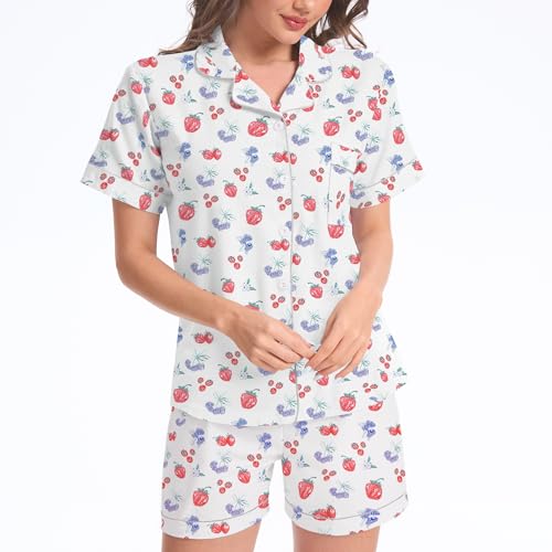 Image of Ammiko Womens Pajamas Set Y2k Loungewear Pajama Button Down Top and Shorts Monkey Beach Short Sleeve Sleepwear Preppy