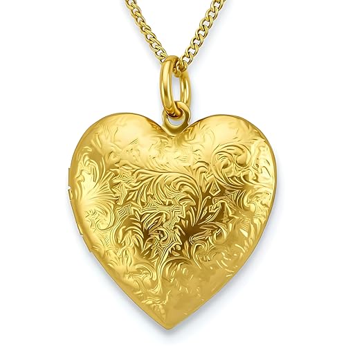 LIFETIME JEWELRY Antique Heart Locket Necklace That Holds Pictures 24k Gold Plated for Women (Big...