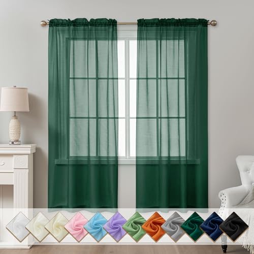 Image of Green Sheer Curtains 72 Inches Long, Privacy Semi Sheer Curtains for Living Room Bedroom, Light Filtering Rod Pocket Voile Window Drapes 2 Panels Set, Each 42 inch W x 72 inch L