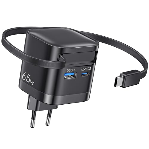 USB C Ladegerät 65W 3 Port Netzteil Schnellladegerät mit Einziehbarem Kabel, Tragbar GaN Power Adapter für MacBook Pro/Air, iPhone 17-8 Serie, für Samsung Galaxy S26/S25/S24, iPad, Laptop, Handys