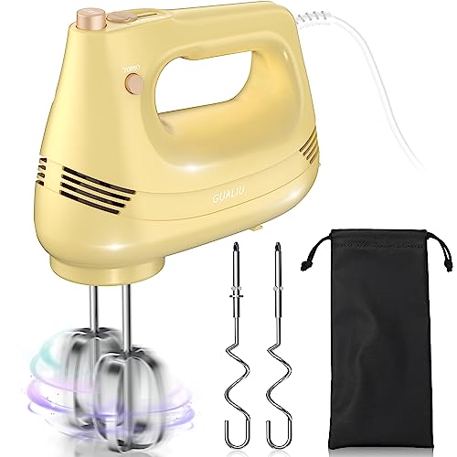 Image of GUALIU Electric Hand Mixer with Stainless Steel Whisk, Dough Hook Attachment and Storage Bag, Handheld Mixer for Baking Cakes, Eggs, Cream Food Mixers. Turbo Boost /5 Speed Kitchen Blender Yellow