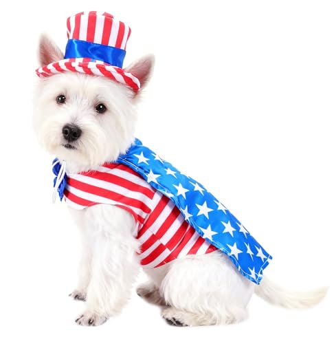 GabeFish Dog 4th of July Dress, Uncle Sam Costume for Pets, Cats Independence Day Clothes Apparel Boy Small