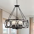 Dawn Whisper 20" Farmhouse Chandelier Light Fixture 5 Light Rustic Drum Hanging Pendant Lighting Over Table for Dining Room Kitchen Entryway