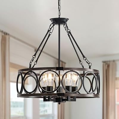 Dawn Whisper 20" Farmhouse Chandelier Light Fixture 5 Light Rustic Drum Hanging Pendant Lighting Over Table for Dining Room Kitchen Entryway