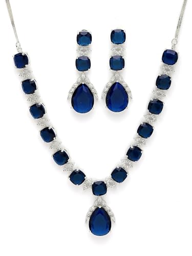 Image of Karatcart Elegant Silver Plated Blue American Diamond Necklace Set for Women