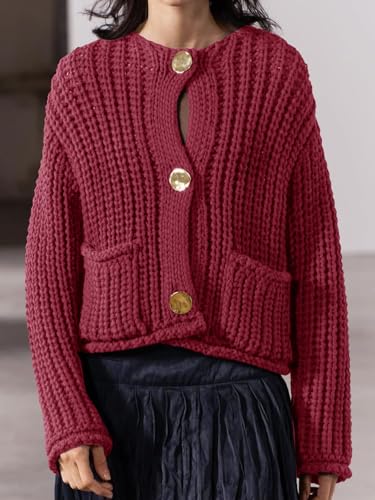 Saodimallsu Womens Button Up Sweaters Fall Chunky Knit Cropped Trendy Crewneck Loose Cardigan with Pockets2