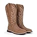 Hawkwell Women's Cowboy Cowgirl Boots Square Toe Side Zipper Embroidered Low Heel Dress Western Mid Calf Boot,Synthetic Leather Brown,9 M US