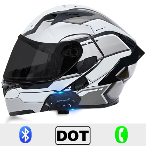Motorcycle Bluetooth Modular Helmet, DOT Approved Dual Visor Full Face Flip Up Bluetooth Integrated Motorcycle Helmet for Adults Men and Women