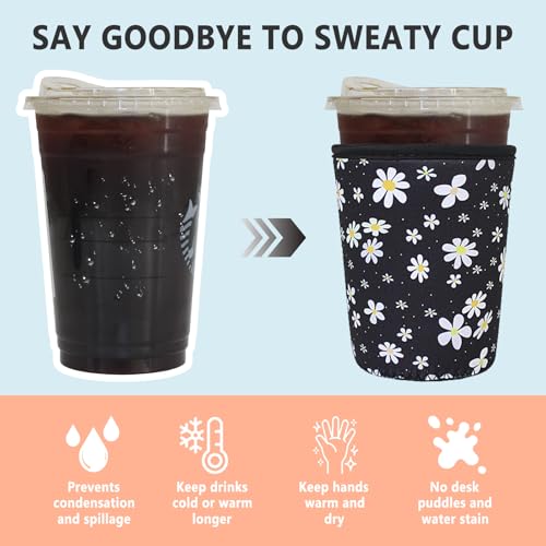Image of 3 Pack Reusable Iced Coffee Sleeves - Xumbtvs Insulator Sleeve for Cold Beverages, Neoprene Coffee Cup Holder (Daisy)