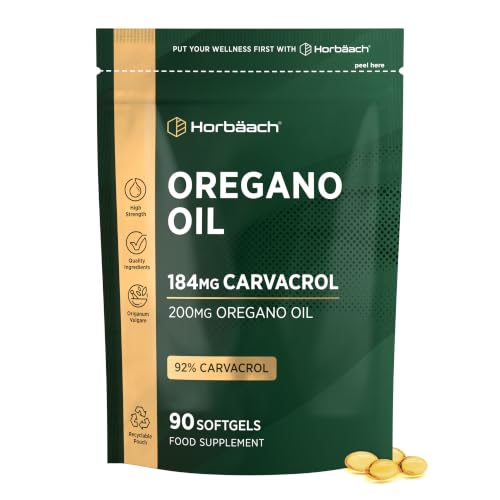 Oregano Oil Capsules High Carvacrol 200mg | 92% Carvacrol 184mg | Naturally Sourced Essential Oil of Oregano | 90 Softgels | by Horbaach