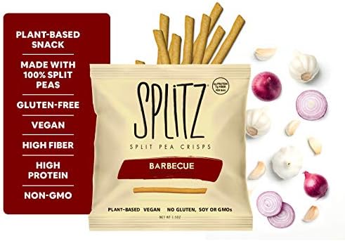 SPLITZ Split Pea Crisps Barbecue (1.5oz) 8ct Plant-Based, Organic, Non-GMO, Vegan, Gluten-Free, Superfoods, Healthy Snack for Kids and Adults, High Protein, High Fiber, Low Calorie