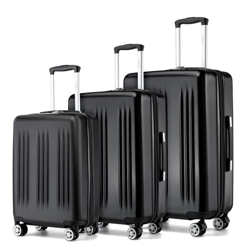 Image of Kono 3 Piece Luggage Set 20 /24 /28inch Hardshell Expandable TSA Locks, Black | Lightweight Suitcase ABS+PC Luggage Sets with Spinner Wheels, Perfect for Family Travel