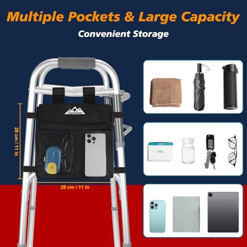 supregear Walker Side Bag, Multi Pocket Storage Pouch for Folding Walker, Water Resistant Lightweight Hand Free Carrier Tote, Universal Size Seniors Caddy Attachment