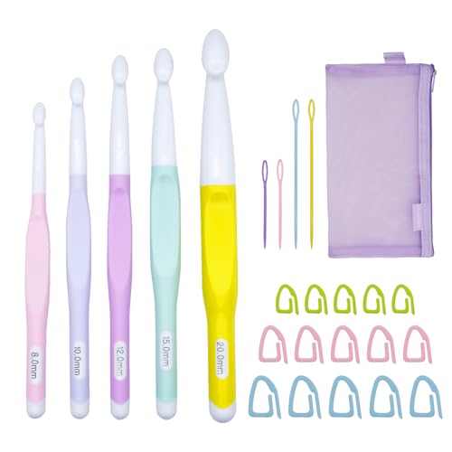 Araeknotta Large Crochet Hooks Set with Stitch Markers Yarn Needles Purple Pouch - 5 Sizes (8mm 10mm 12mm 15mm 20mm) - Ergonomic Plastic Crochet Hooks for Mothers Gift