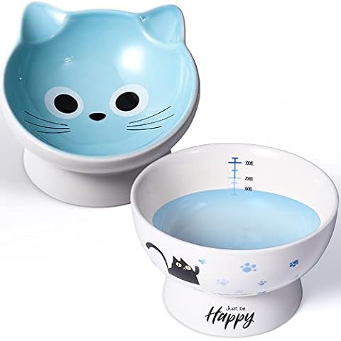 AISBUGUR Ceramic Cat Bowls Set of 2, Elevated 15 Tilted Design for Indoor Cats, Large Capacity, Easy to Clean, Non-Slip Base, Cute Pattern, Blue Cover